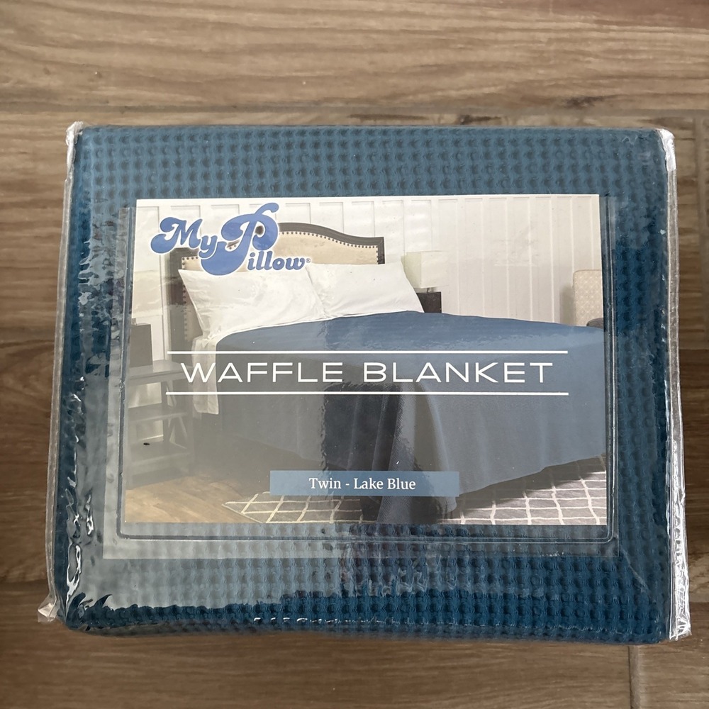 NIB 100% GIZA COTTON WAFFLE Twin  BLANKET Lake Blue MY PILLOW